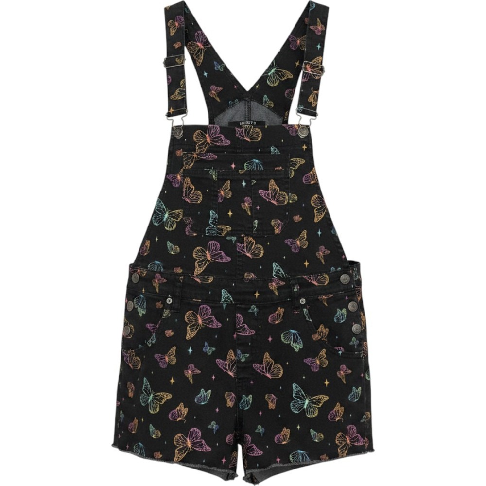 HT Denim Butterfly Print Shortall Overalls Black Womens Medium Star Neon